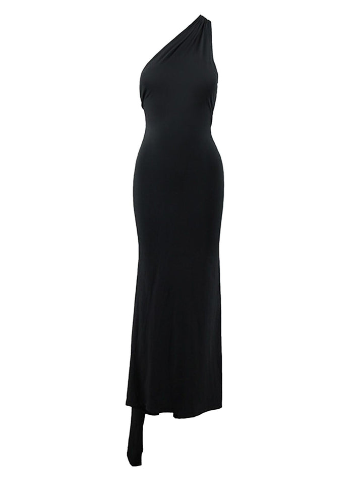 1980s Solid One-Shoulder Evening Backless Dress with Train - vintage dress, retro fashion