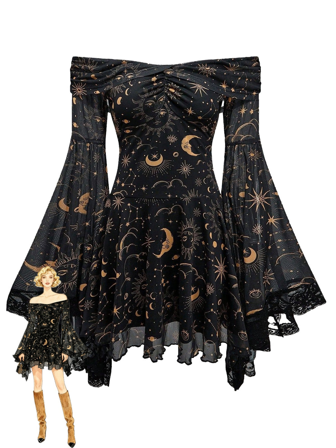 1980s Star Moon Sun Face Off-Shoulder Bell Sleeve Dress - vintage dress, retro fashion