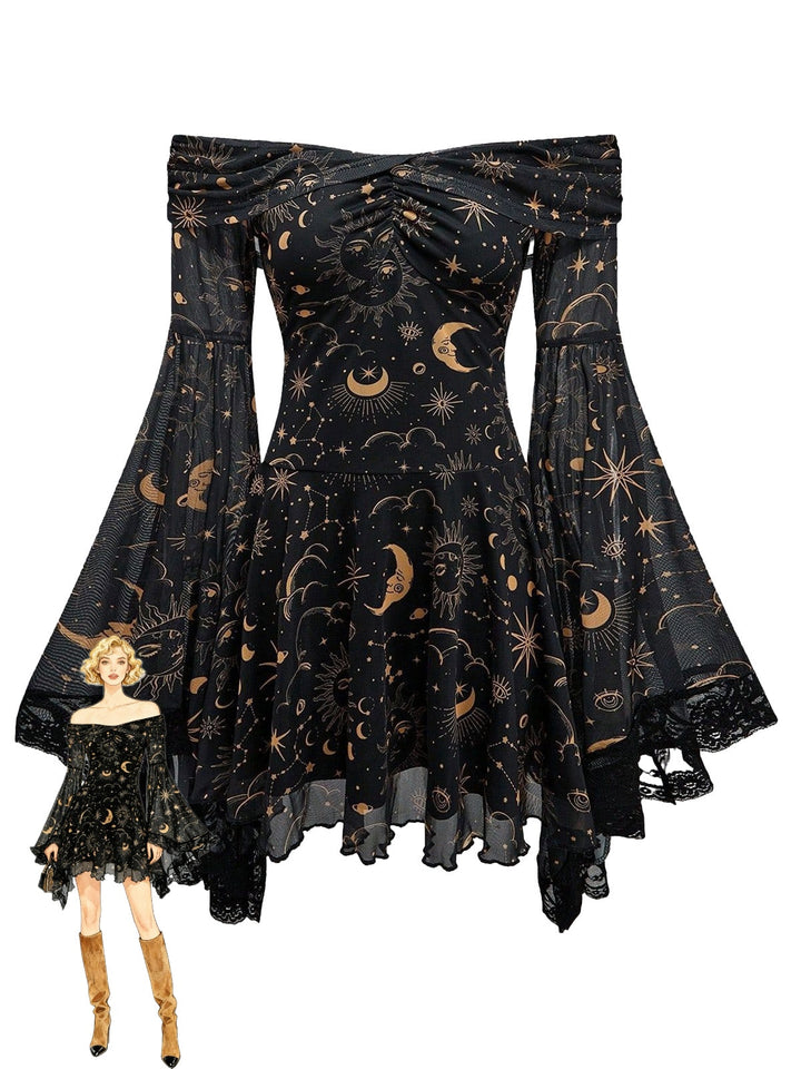 1980s Star Moon Sun Face Off-Shoulder Bell Sleeve Dress - vintage dress, retro fashion