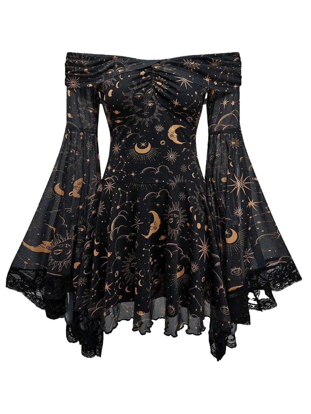 1980s Star Moon Sun Face Off-Shoulder Bell Sleeve Dress - vintage dress, retro fashion