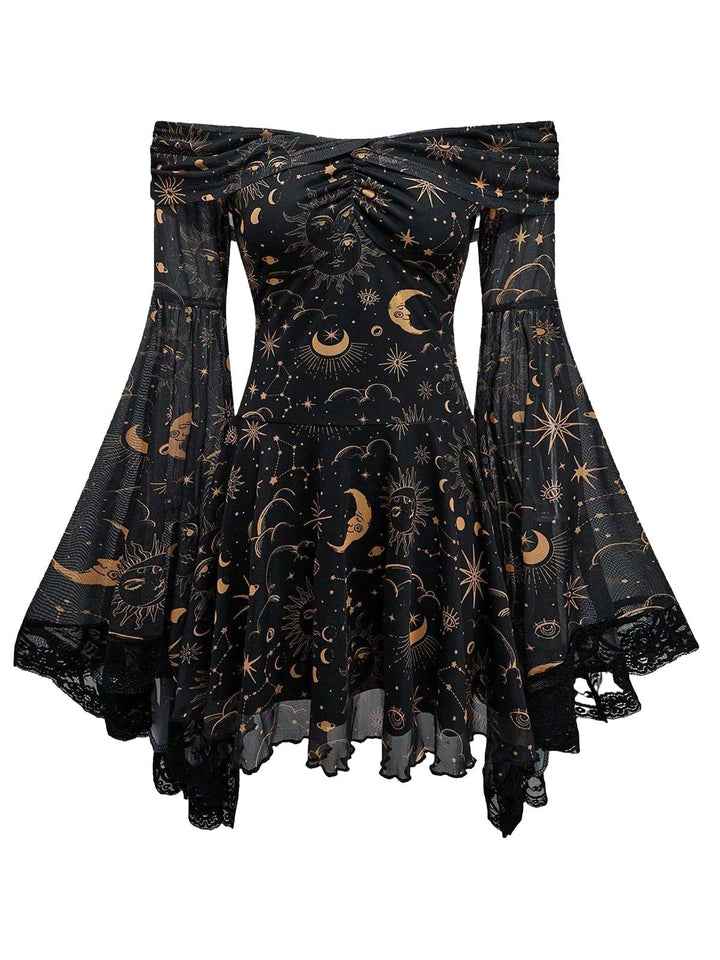 1980s Star Moon Sun Face Off-Shoulder Bell Sleeve Dress - vintage dress, retro fashion