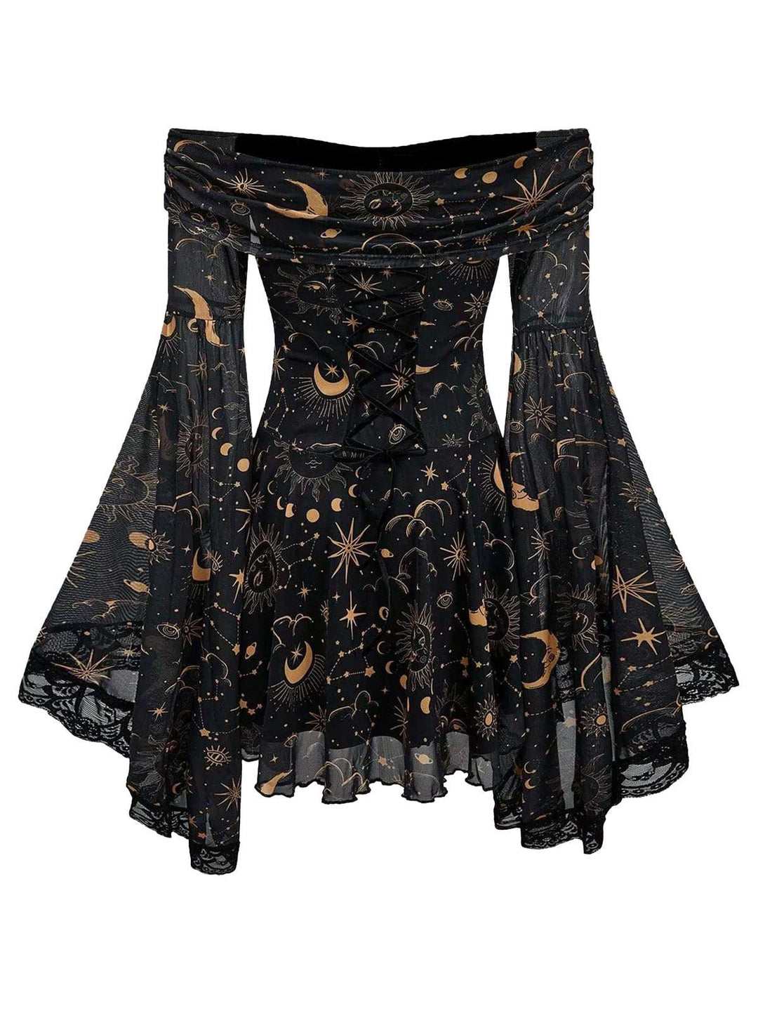 1980s Star Moon Sun Face Off-Shoulder Bell Sleeve Dress - vintage dress, retro fashion