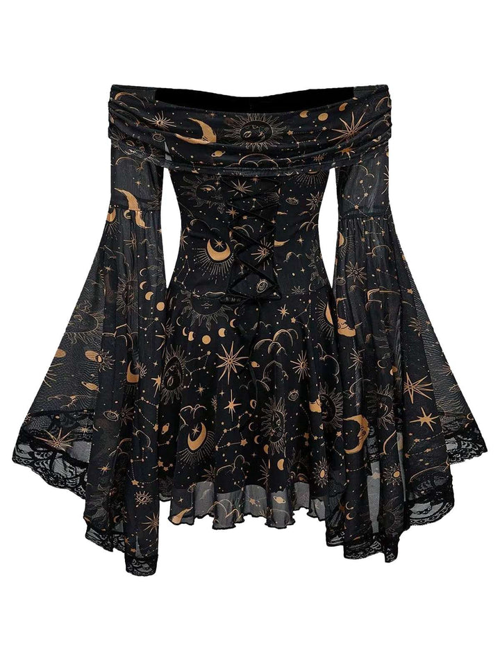 1980s Star Moon Sun Face Off-Shoulder Bell Sleeve Dress - vintage dress, retro fashion