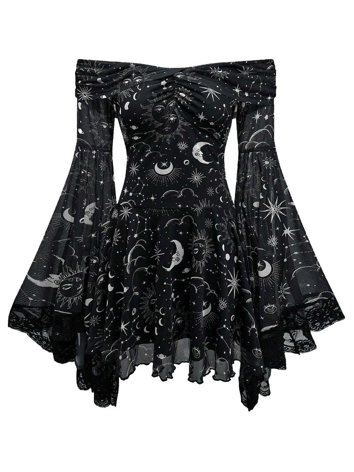 1980s Star Moon Sun Face Off-Shoulder Bell Sleeve Dress - vintage dress, retro fashion