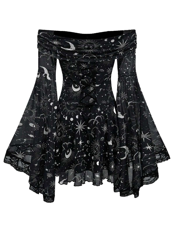 1980s Star Moon Sun Face Off-Shoulder Bell Sleeve Dress - vintage dress, retro fashion