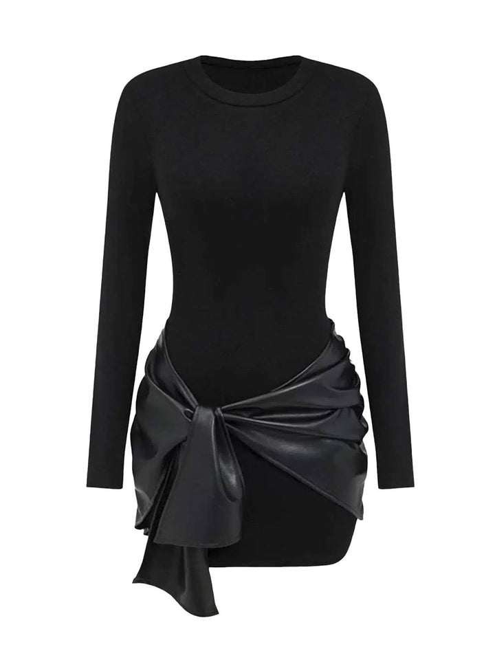 1980s Faux Leather Bow Long Sleeve Dress - vintage dress, retro fashion