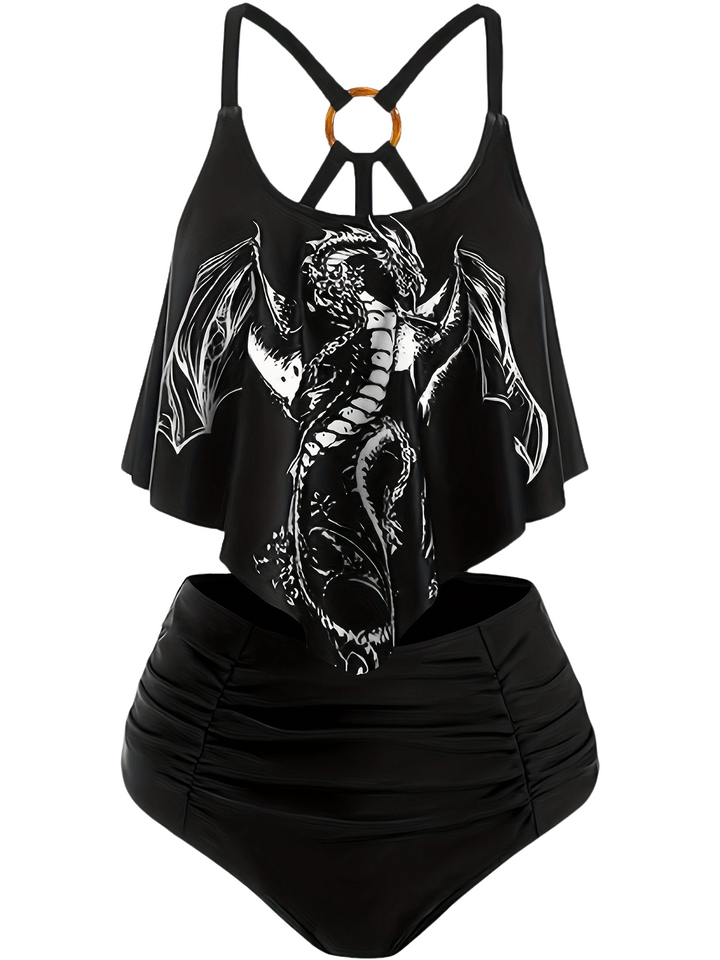 This 1980s Gothic Dragon Back-Cross Ruffle Swimsuit carries 1980s vacation dreams in every stitch