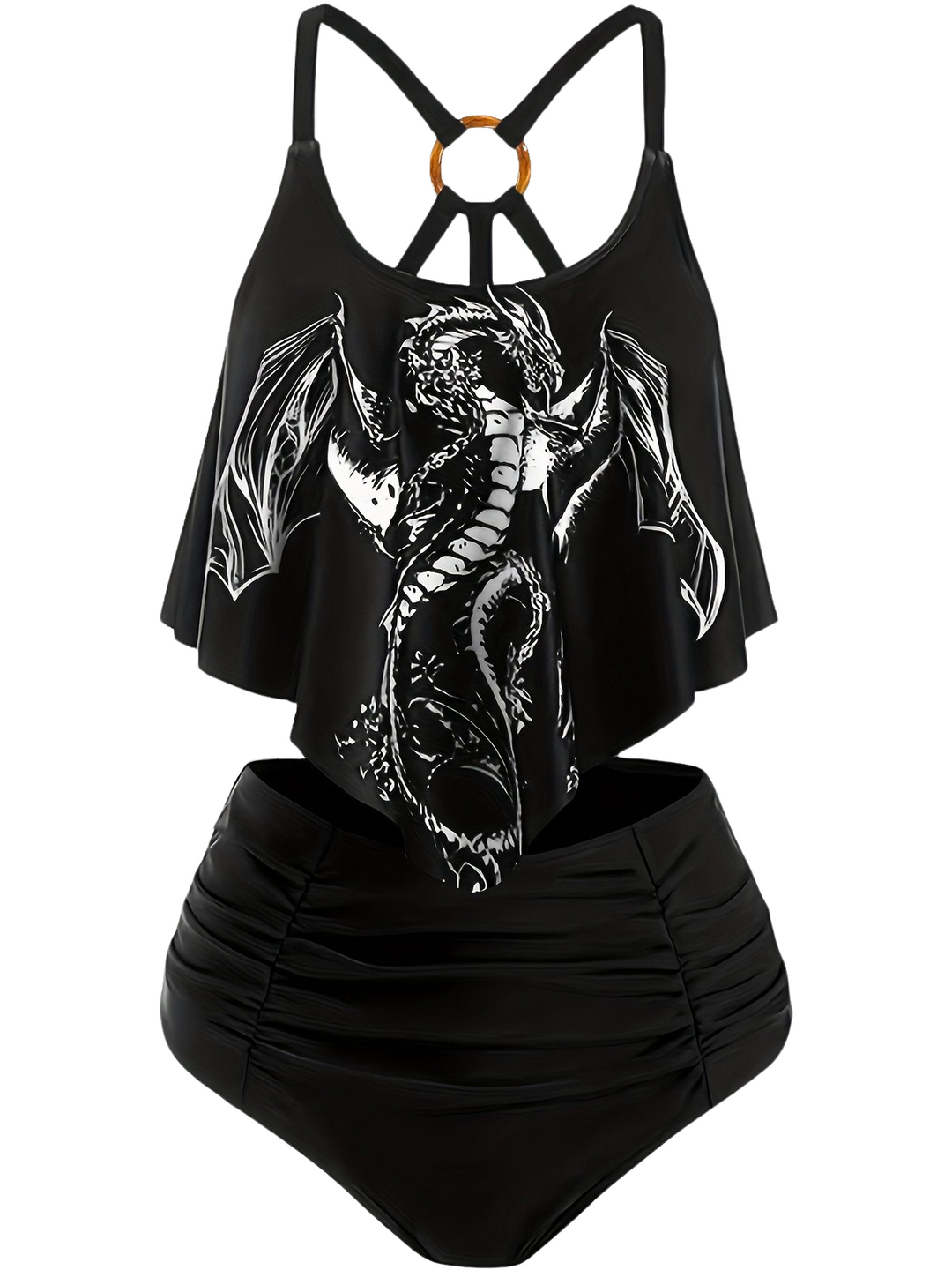 This Gothic Dragon Back-Cross Ruffle Swimsuit carries vacation dreams in every stitch