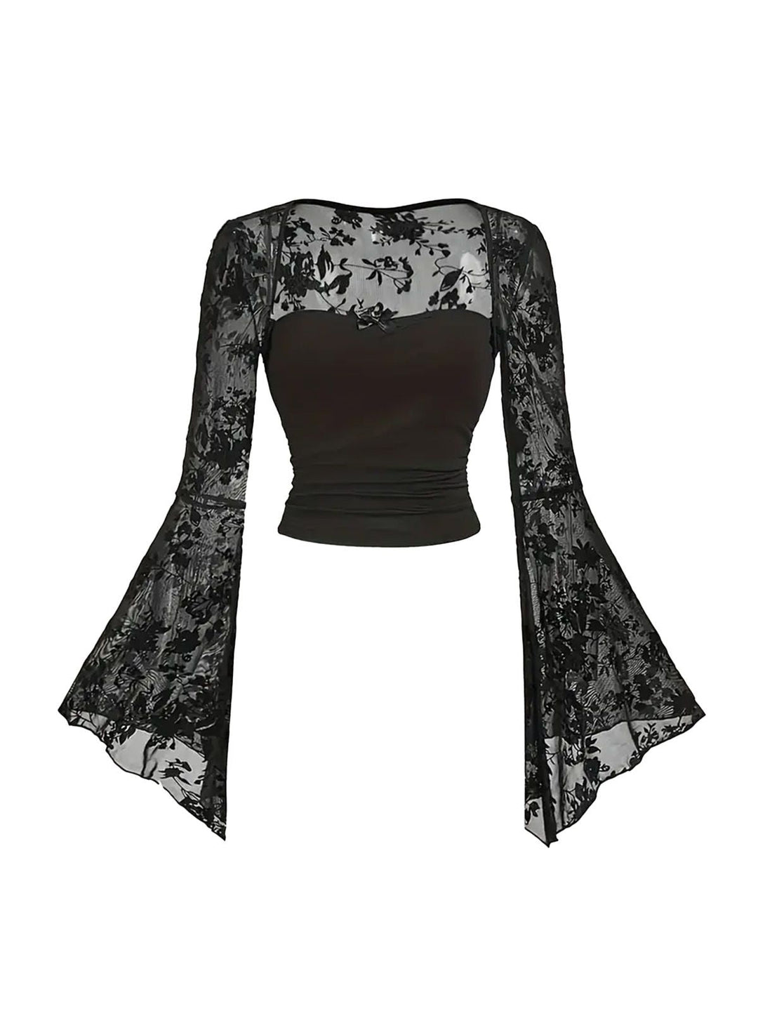 1980s Gothic Lace Mesh Bell Sleeve Top - vintage fashion, retro style