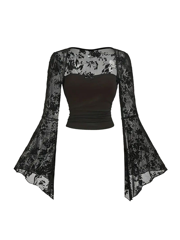 1980s Gothic Lace Mesh Bell Sleeve Top - vintage fashion, retro style