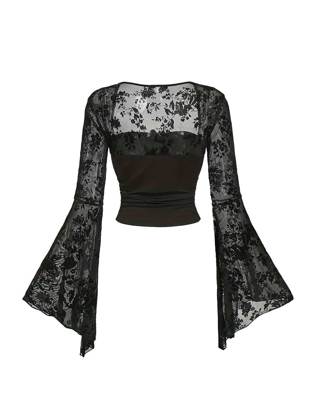 1980s Gothic Lace Mesh Bell Sleeve Top - vintage fashion, retro style