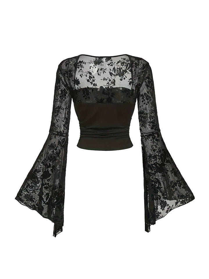 1980s Gothic Lace Mesh Bell Sleeve Top - vintage fashion, retro style