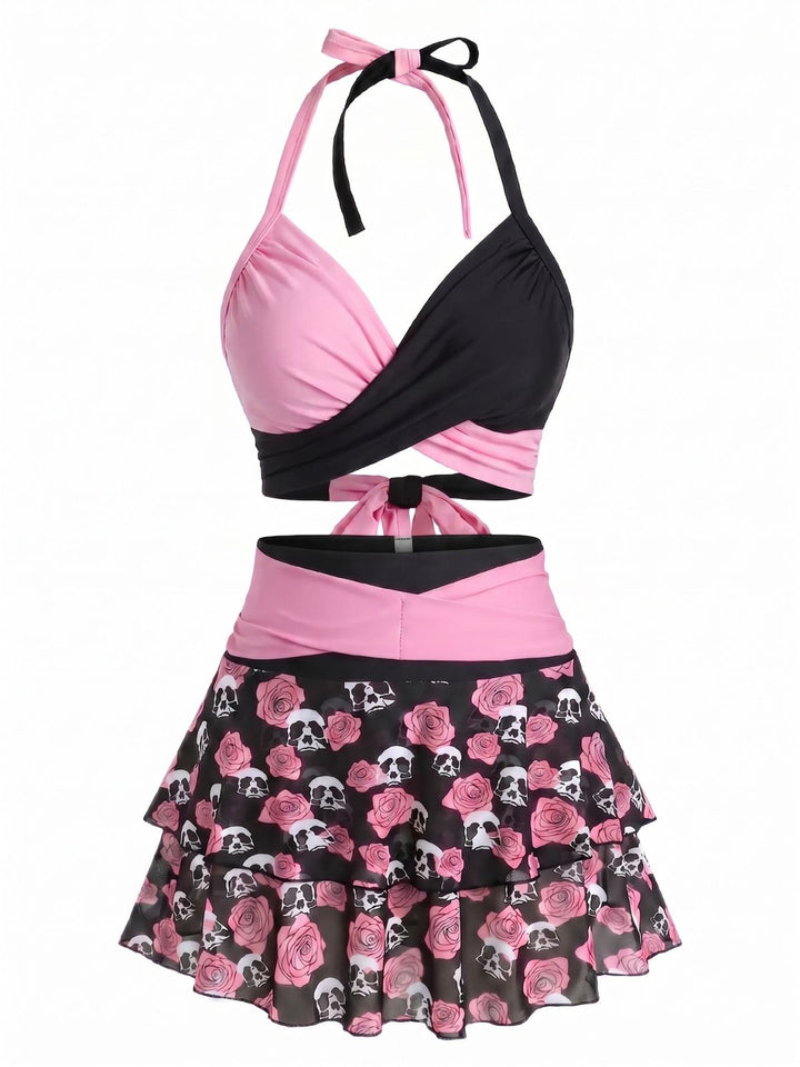 Black &amp; Pink Gothic Skull Rose Halter Skirt Swimsuit, vintage skirt, retro style, fashion, women, elegant