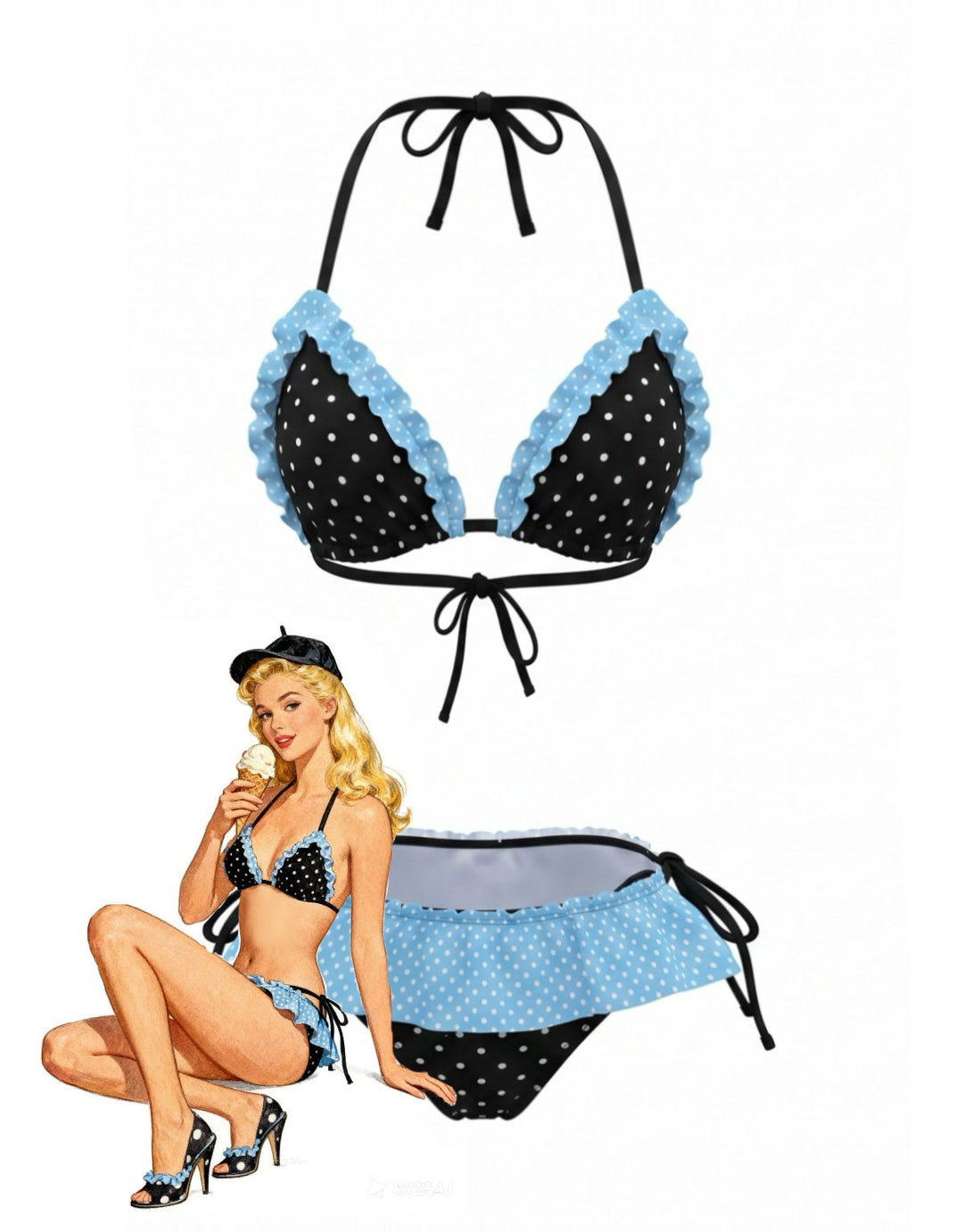 Halter-Contrast-Polka-Dot-Ruffle-Trim-Bikini-Set, vintage, retro, swimwear