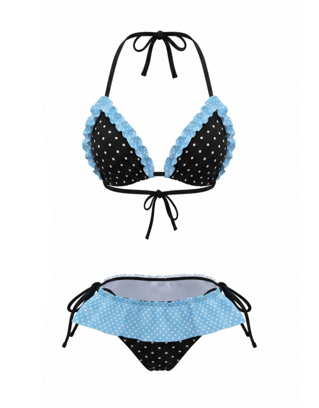 Halter-Contrast-Polka-Dot-Ruffle-Trim-Bikini-Set, vintage, retro, swimwear