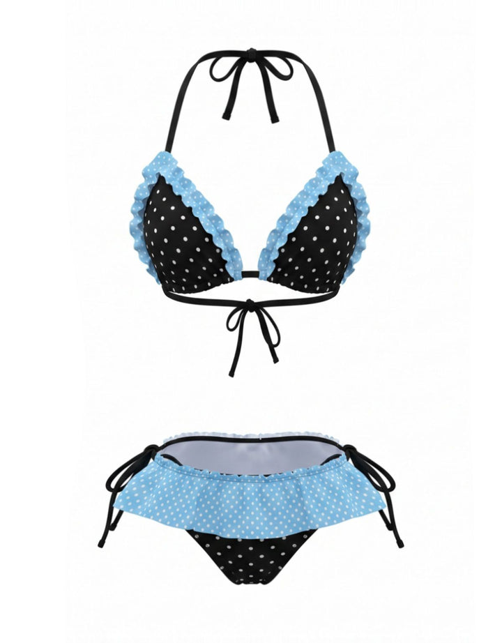 Halter-Contrast-Polka-Dot-Ruffle-Trim-Bikini-Set, vintage, retro, swimwear