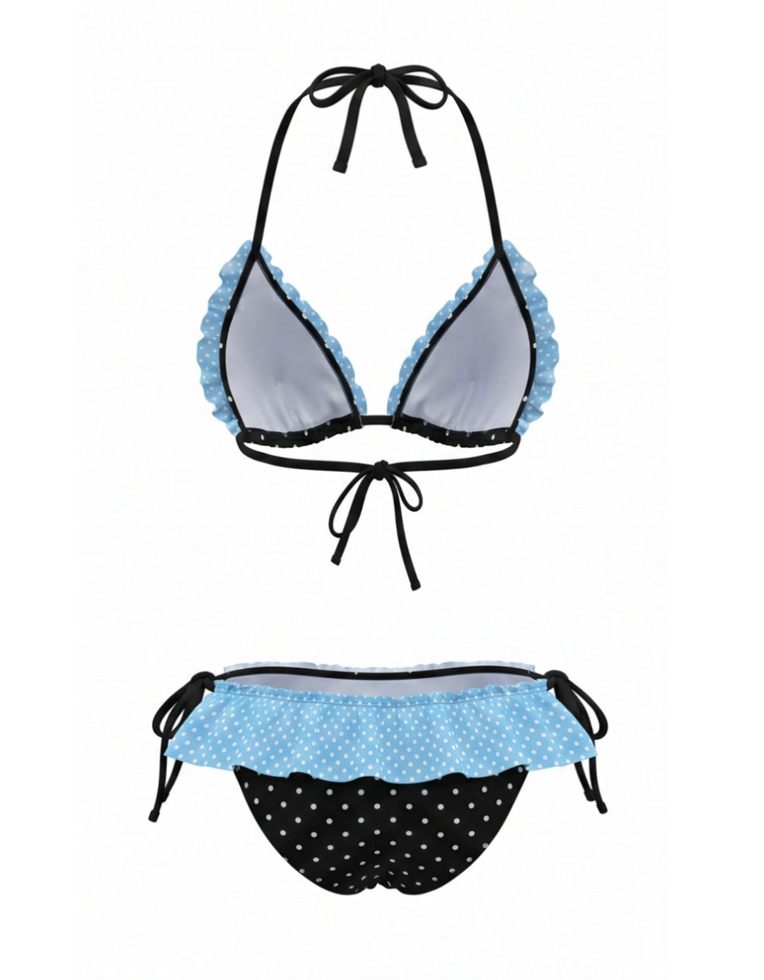 Halter-Contrast-Polka-Dot-Ruffle-Trim-Bikini-Set, vintage, retro, swimwear