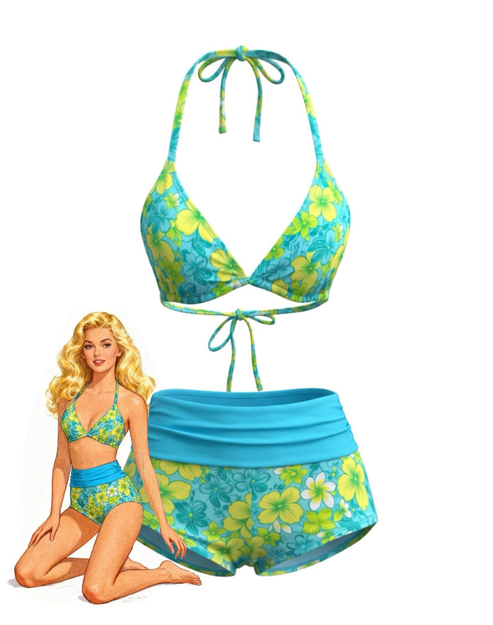 Halter Floral Boy Short Bikini Set - vintage swimsuit, swimwear for vintage lovers