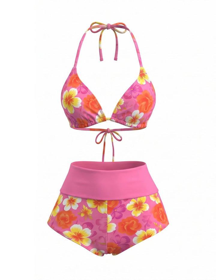 Halter Floral Boy Short Bikini Set - vintage swimsuit, swimwear for vintage lovers