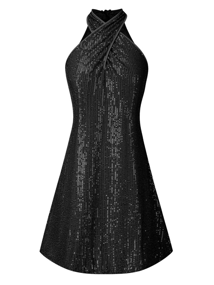 She slips into this 1980s Halter Off-Shoulder Sequined Dress and suddenly it&