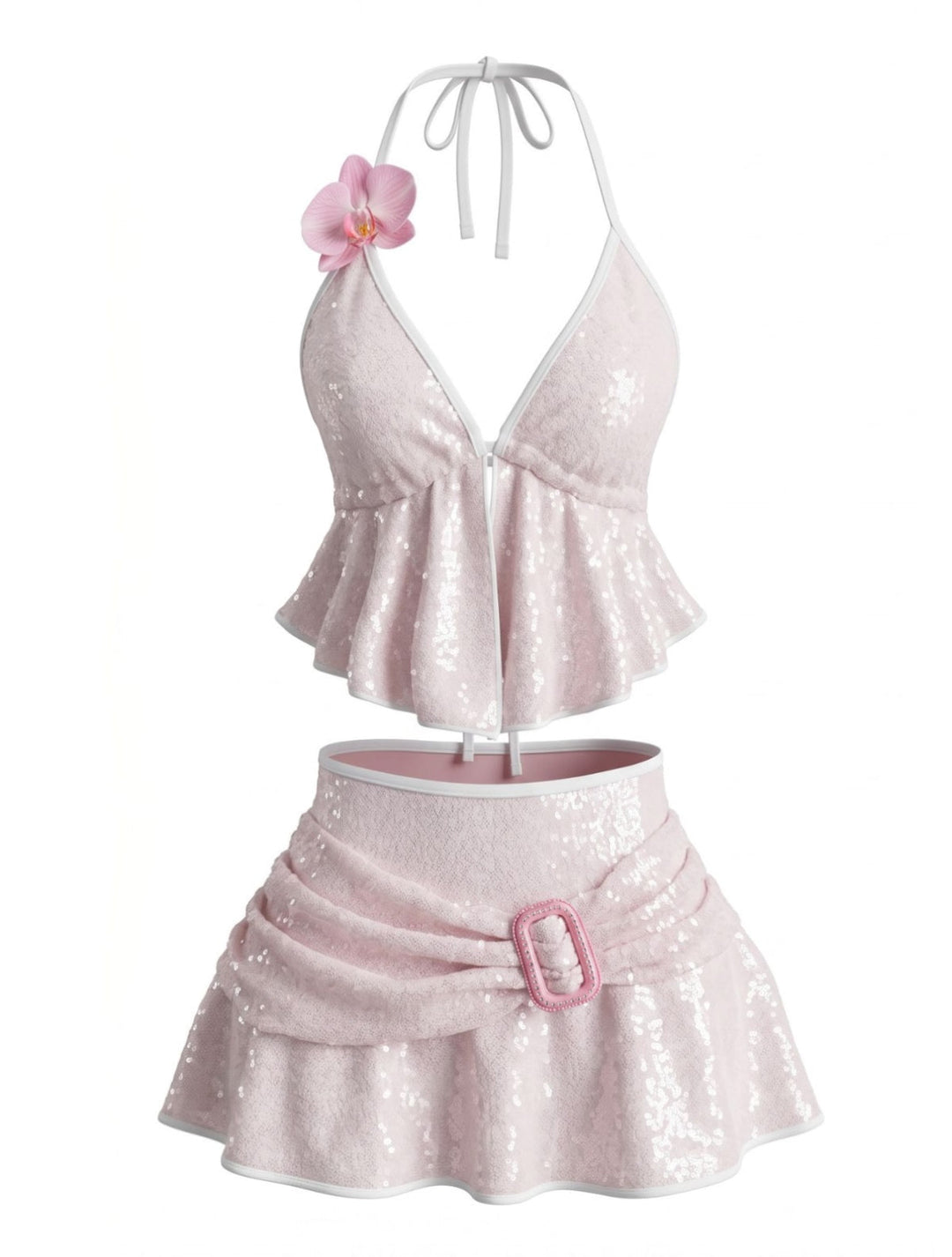 Halter-Sequin-3D-Floral-Buckle-Detail-Bikini-Set, vintage, retro, swimwear