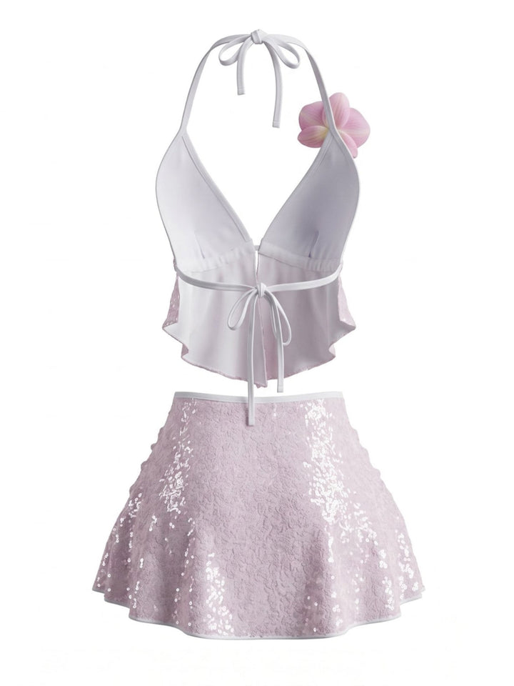 Halter-Sequin-3D-Floral-Buckle-Detail-Bikini-Set, vintage, retro, swimwear