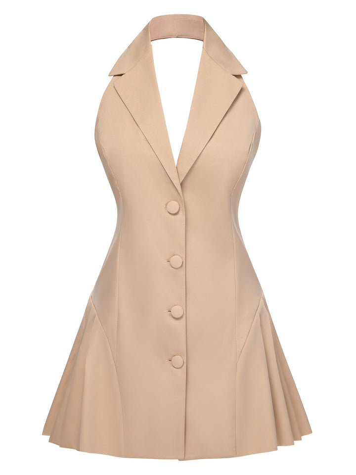 She slips into this 1980s Halter V-Neck Backless Sleeveless Solid Dress and suddenly it&