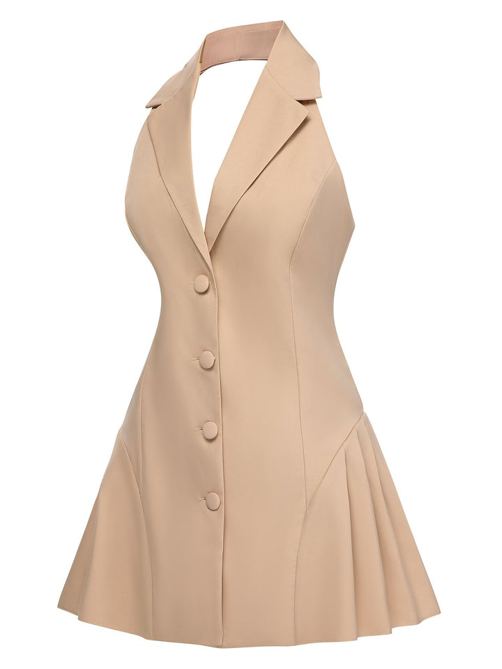 1980s Halter V-Neck Backless Sleeveless Solid Dress: where 1980s romance meets her modern spirit