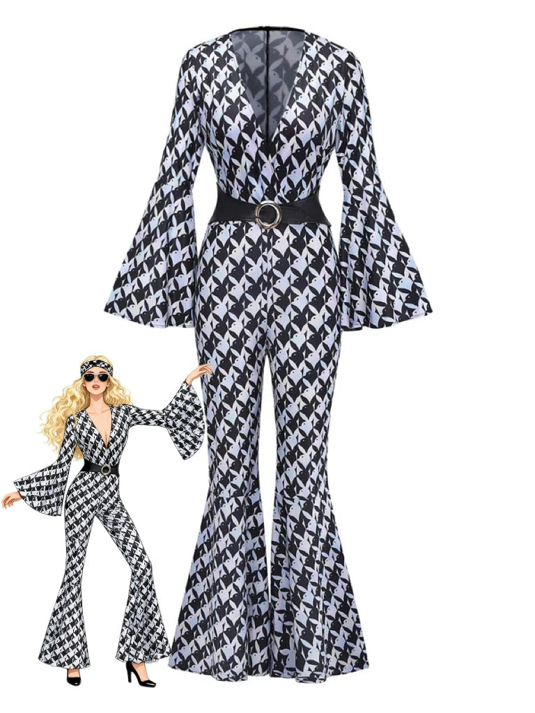 Black &amp; White 1980s Houndstooth Bell Sleeve Jumpsuit - vintage jumpsuit, retro fashion, classic black
