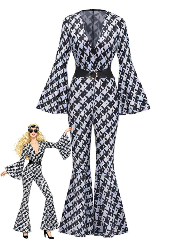 Black &amp; White 1980s Houndstooth Bell Sleeve Jumpsuit - vintage jumpsuit, retro fashion, classic black