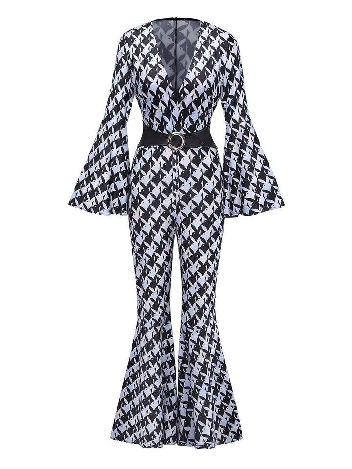 Black &amp; White 1980s Houndstooth Bell Sleeve Jumpsuit - vintage jumpsuit, retro fashion, classic black