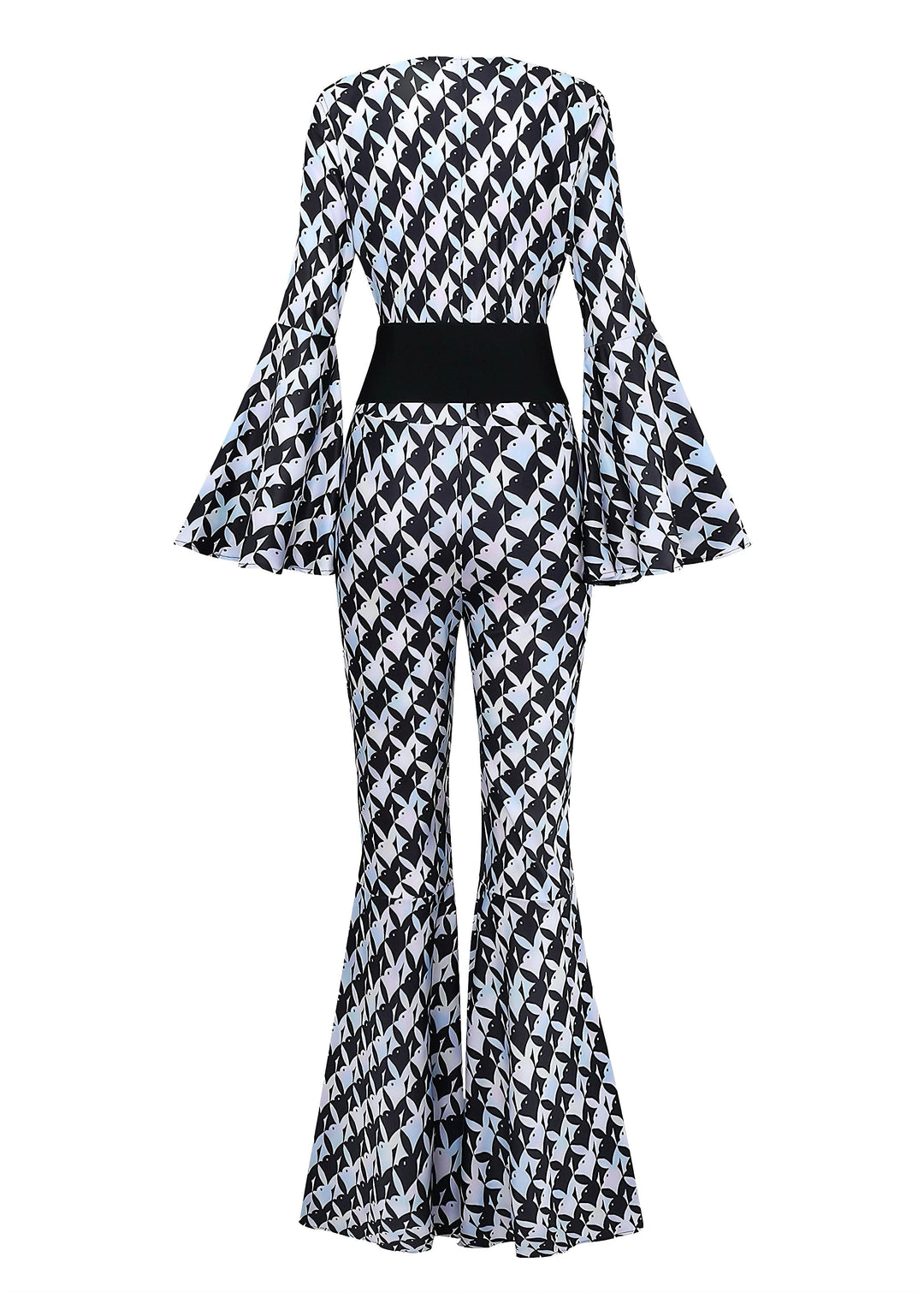 Black &amp; White 1980s Houndstooth Bell Sleeve Jumpsuit - vintage jumpsuit, retro fashion, classic black