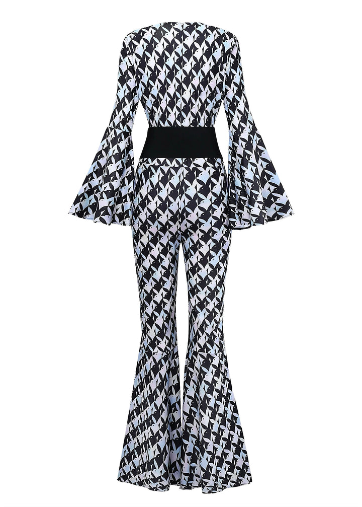 Black &amp; White 1980s Houndstooth Bell Sleeve Jumpsuit - vintage jumpsuit, retro fashion, classic black