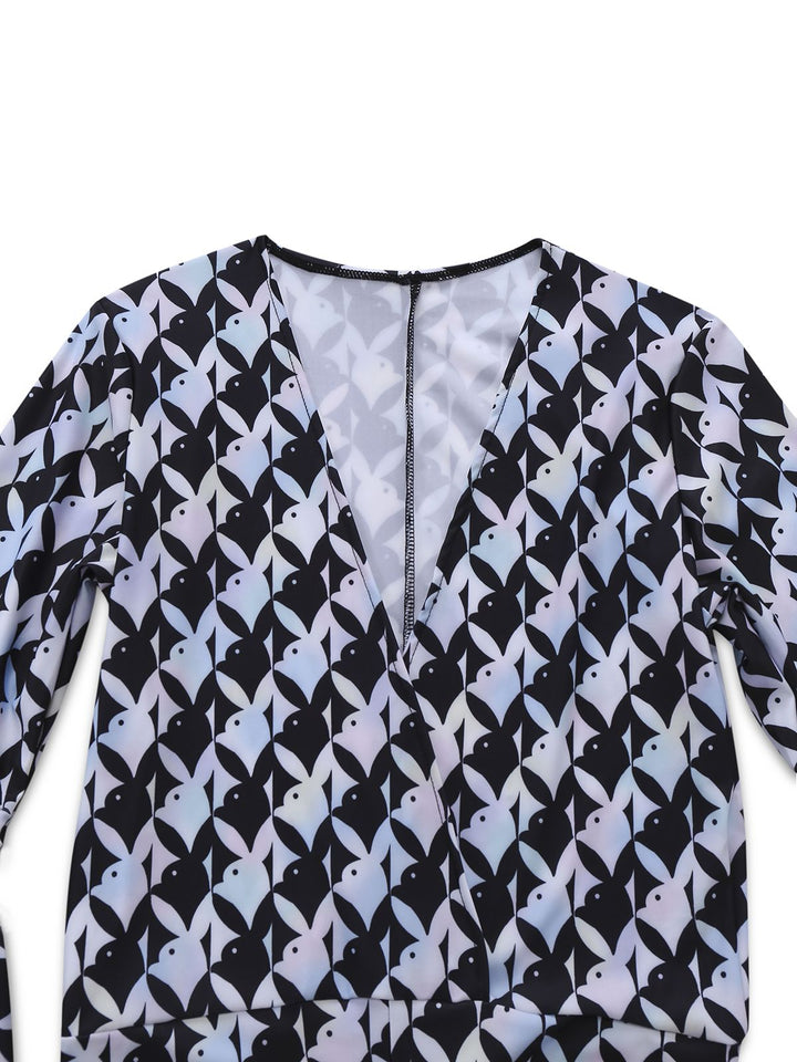 Black &amp; White 1980s Houndstooth Bell Sleeve Jumpsuit - vintage jumpsuit, retro fashion, classic black