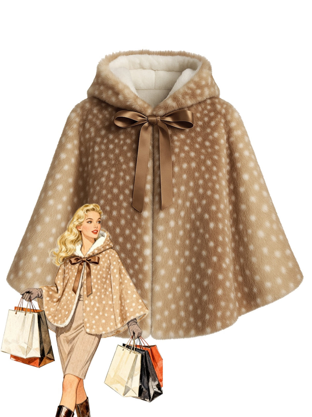 Khaki 1980s Deer Style Faux Fur Hooded Lace-Up Shawl - vintage fashion, retro style