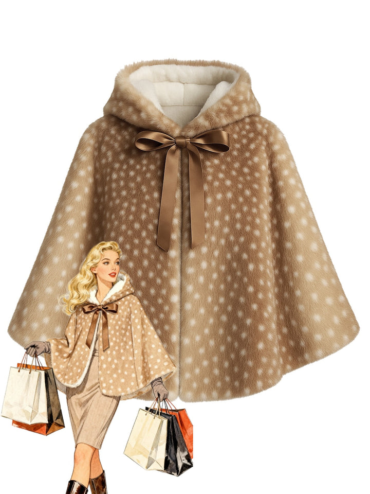Khaki 1980s Deer Style Faux Fur Hooded Lace-Up Shawl - vintage fashion, retro style