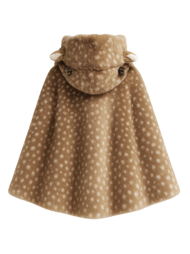 Khaki 1980s Deer Style Faux Fur Hooded Lace-Up Shawl - vintage fashion, retro style