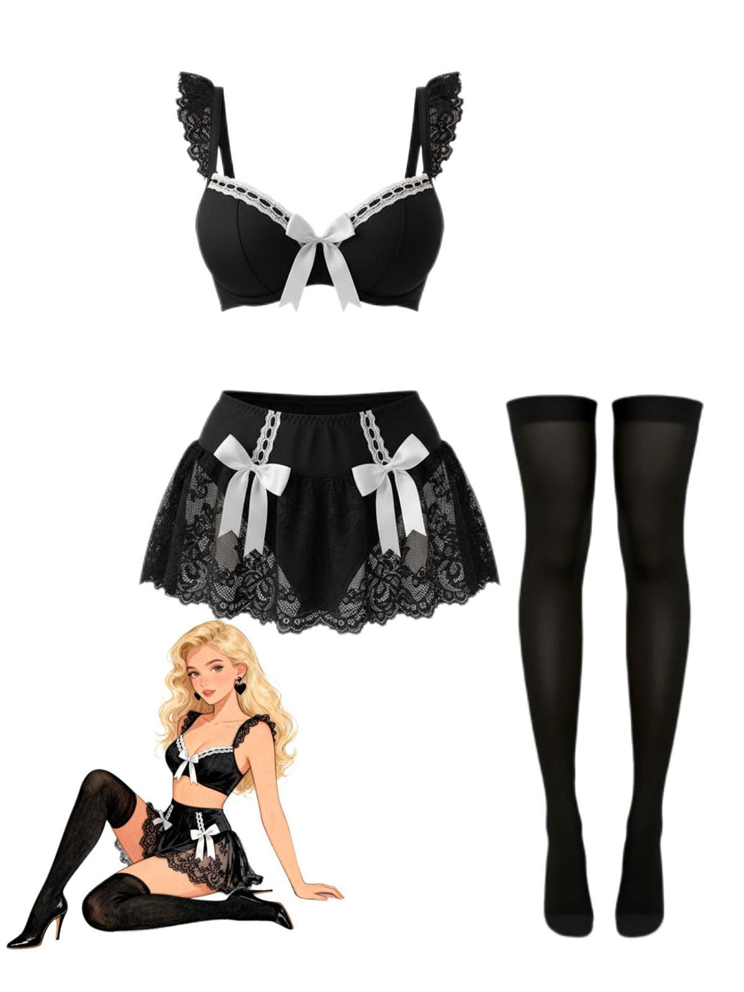 Lace Bow Maid Costume Loungewear Set - vintage fashion, retro style