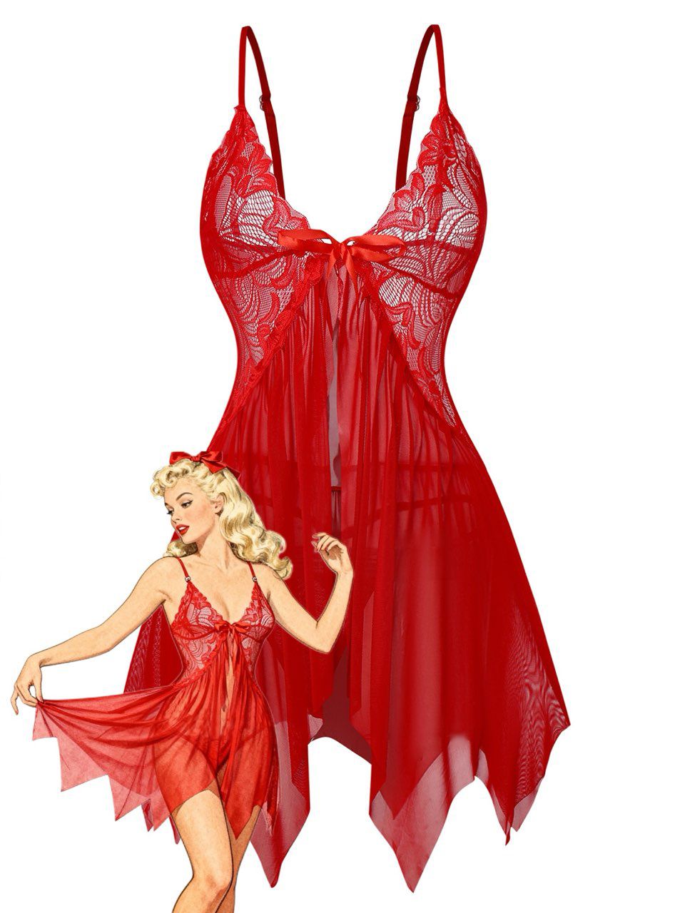 Lace Satin Ribbon Babydoll Lingerie Set - vintage fashion, retro style