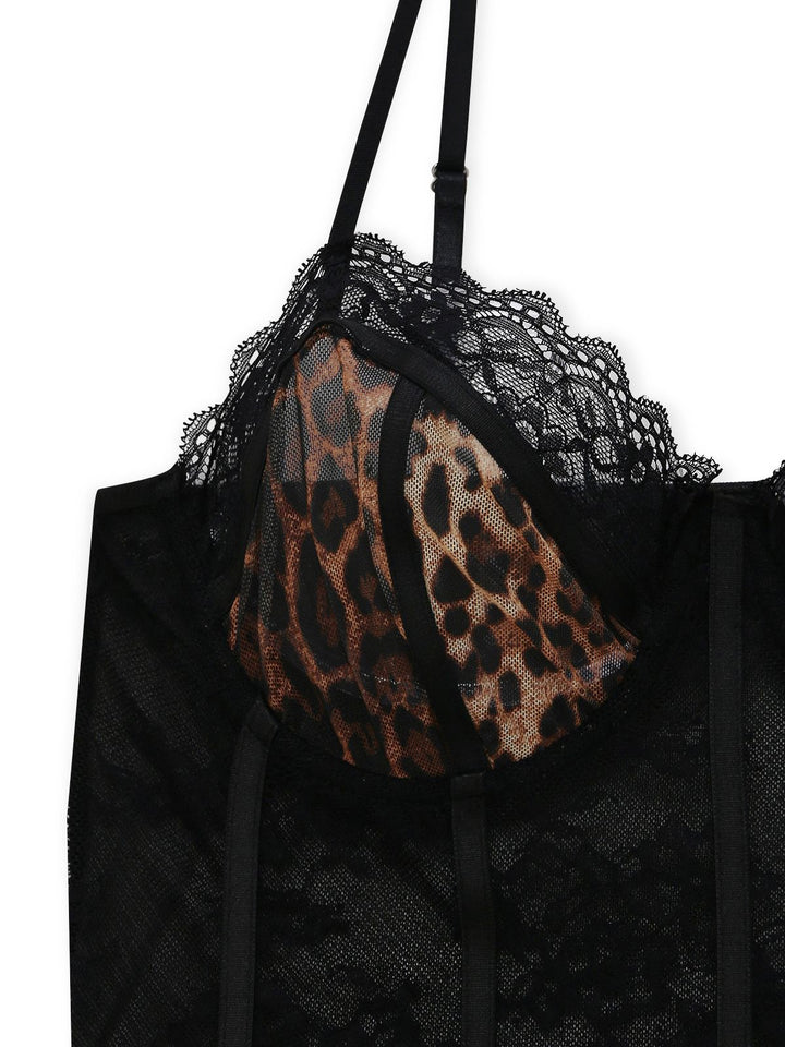 Leopard Lace Bodysuit with Apron Lingerie Set: beautiful vintage lingerie, retro nightgown, elegant sleepwear with timeless appeal