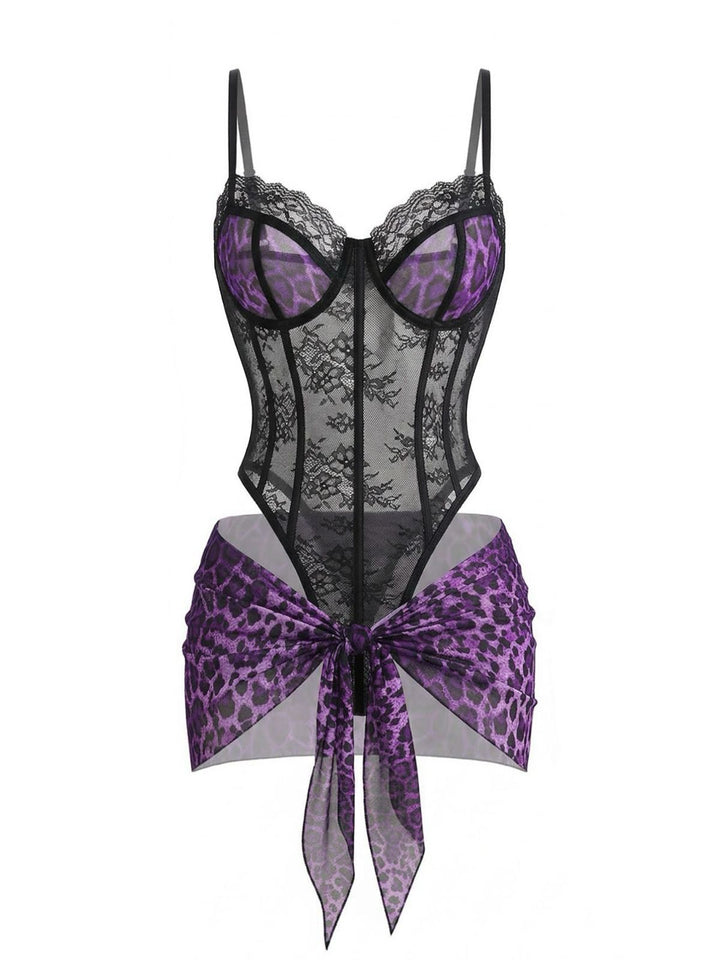 Leopard Lace Bodysuit with Apron Lingerie Set: beautiful vintage lingerie, retro nightgown, elegant sleepwear with timeless appeal