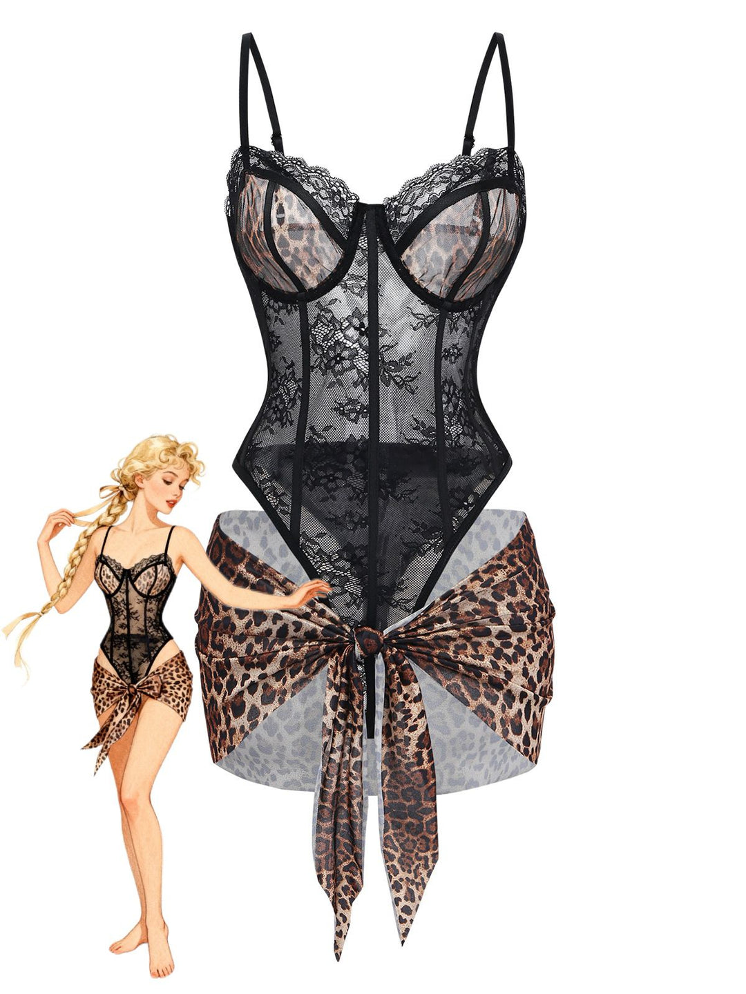 Leopard Lace Bodysuit with Apron Lingerie Set - vintage lingerie, retro nightgown, elegant sleepwear for vintage lovers
