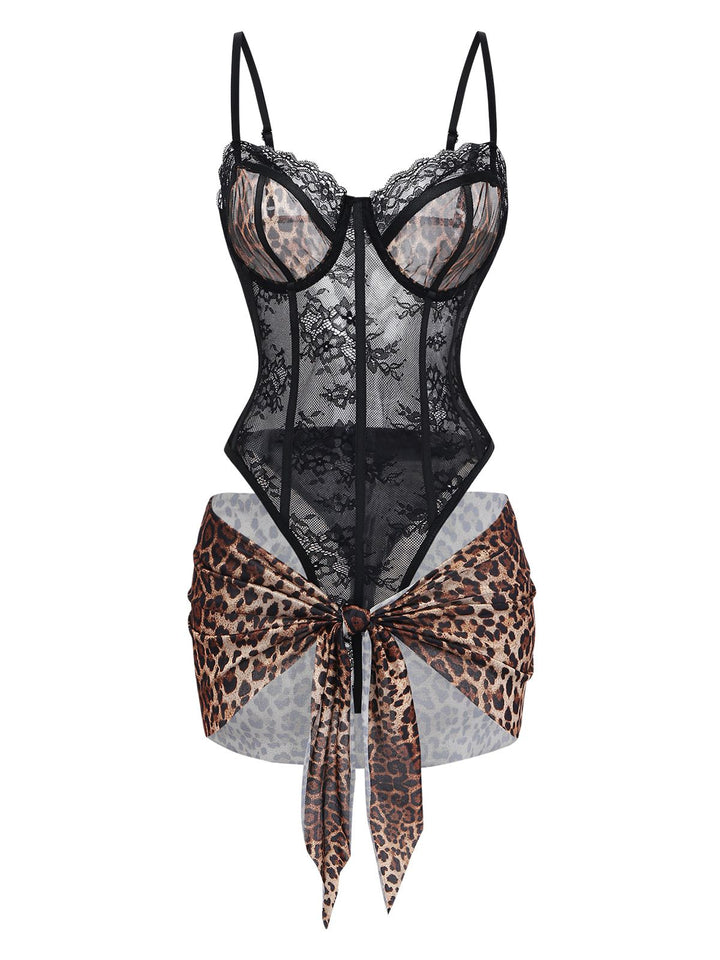 Leopard Lace Bodysuit with Apron Lingerie Set: beautiful vintage lingerie, retro nightgown, elegant sleepwear with timeless appeal