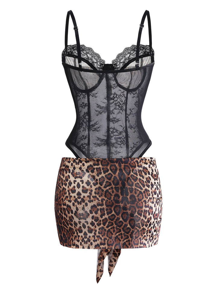 Leopard Lace Bodysuit with Apron Lingerie Set | vintage lingerie, retro nightgown, elegant sleepwear - perfect for retro fashion enthusiasts