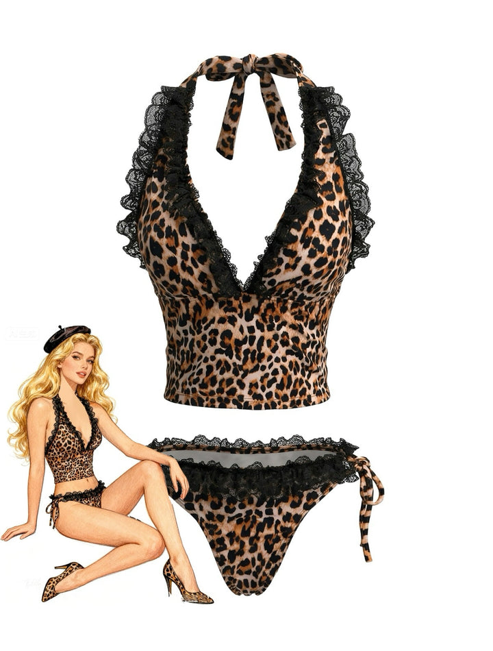 Brown Leopard Print Lace Trim Halter Tie Bikini Set - vintage swimsuit, swimwear for vintage lovers