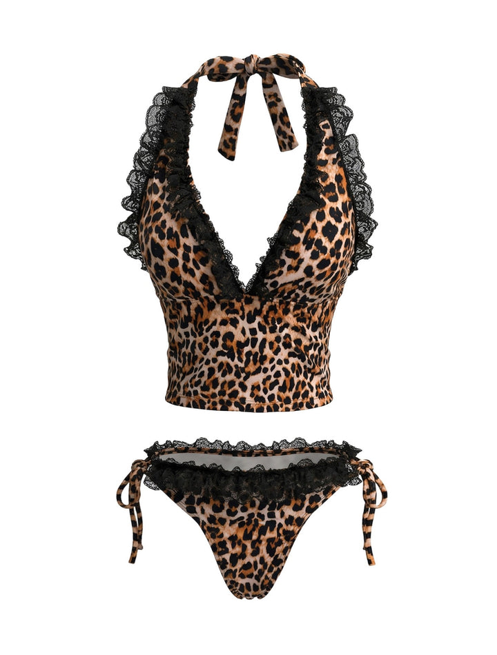 Brown Leopard Print Lace Trim Halter Tie Bikini Set - vintage swimsuit, swimwear for vintage lovers