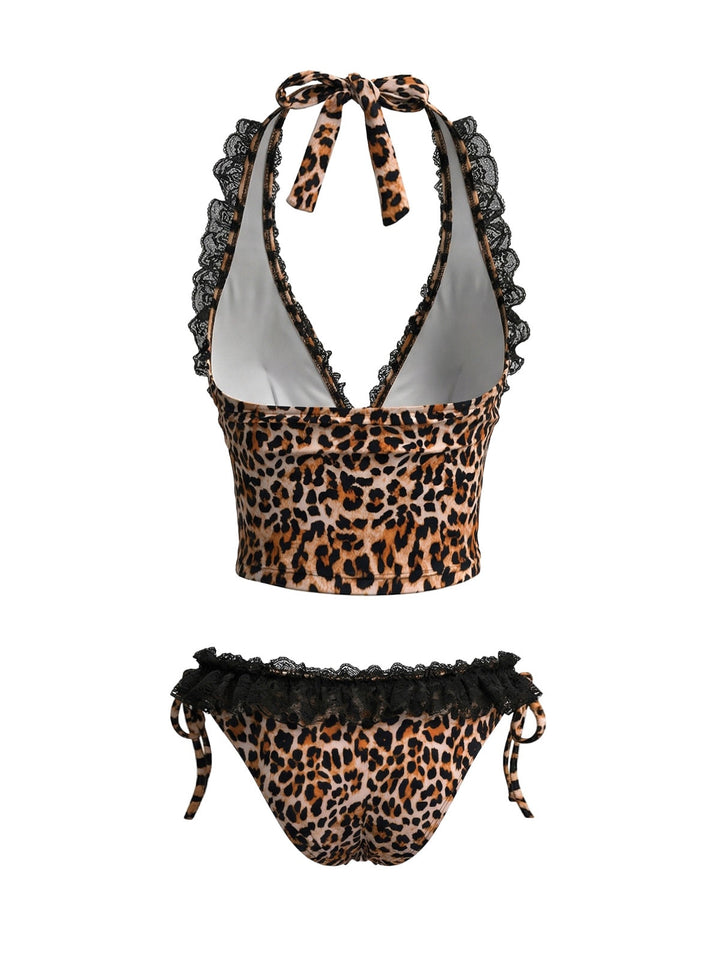 Brown Leopard Print Lace Trim Halter Tie Bikini Set - vintage swimsuit, swimwear for vintage lovers