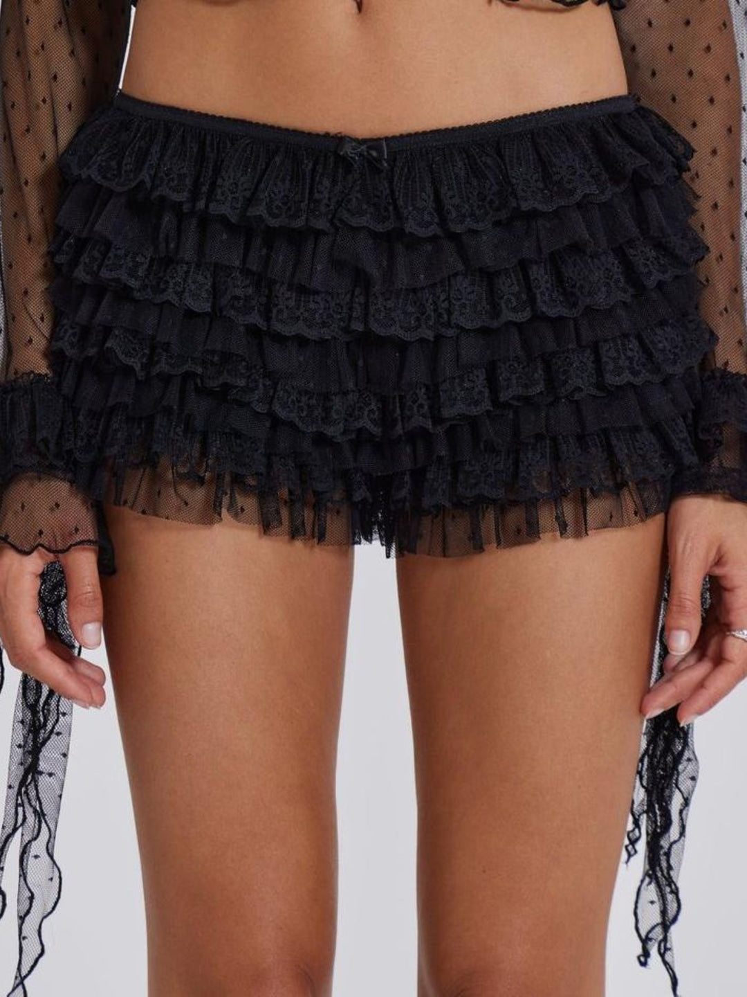 1980s Multi-Layered Lace Ruffled Low-Rise Shorts - vintage fashion, retro style, elegant red