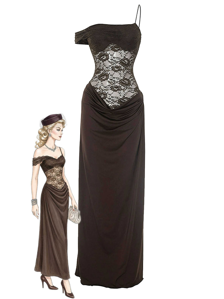 1980s Off-Shoulder Lace Bodice Maxi Dress - vintage dress, retro fashion
