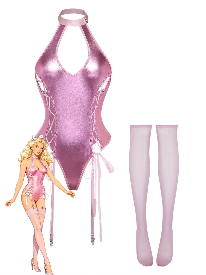 Patent Leather Halter Lace-Up Bodysuit Lingerie Set - vintage fashion, retro style